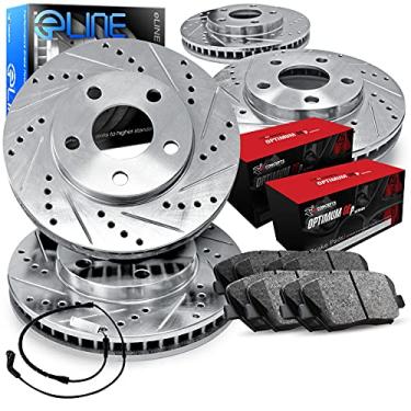 Imagem de R1 Concepts Série eLine Rotores de freio traseiros dianteiros perfurados e ranhurados prata com ótimas pastilhas OEP e fio de sensor compatível com Porsche 944 1983-1986