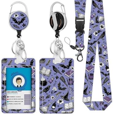 Imagem de Cordão de Halloween para crachá de identificação, suporte de crachá de identificação roxo morcego com clipe retrátil e chaveiro, cordão de professor com suporte de identificação com etiqueta de nome