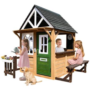 Imagem de Casa de Brincar Infantil YOFE, Playhouse de Madeira c/ Cozinha, Cerca, Banco, Porta p/ Cachorro, Campainha, Vaso de Flores - Diversão