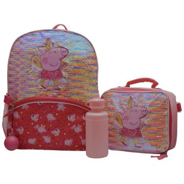 Imagem de Mochila Escolar Infantil Peppa Pig com Lancheira, Garrafa de Água e Chaveiro Divertido para Crianças, Rosa