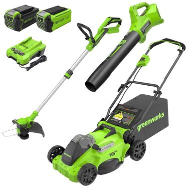 Imagem de Combo Greenworks 40V: Cortador de Grama Sem Fio, Soprador de Folhas e Aparador de Grama com Bateria 4.0Ah e 2.0Ah - Kit Completo