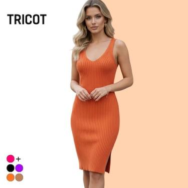 Imagem de Vestido Curto Tricot Alça Fenda Elastano - Vitrine Collection, Laranja
