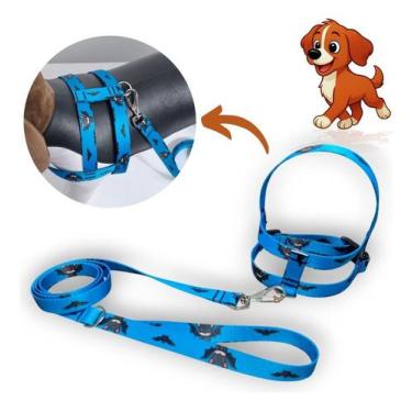 Imagem de Coleira Peitoral Lari Pet Com Guia Cães Seda Estampada N2, Azul