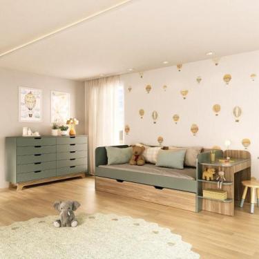 Imagem de Quarto Infantil Cama de Solteiro 3 em 1 e Cômoda 10 Gavetas em MDF Pre