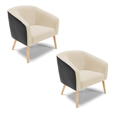 Imagem de Poltrona Decorativa Pé Palito Natural Kit 2 Stella Preto/Linho Bege D03 - D'Rossi