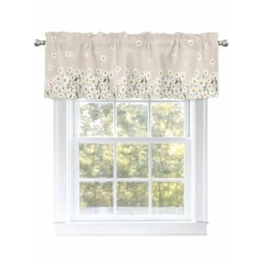 Imagem de Saias de margaridas florais brancas para janelas primavera plantas verdes cortinas de saia de cozinha para janelas de sala de estar/banheiro, cortina de café com bolso de haste. 1 painel, linho 137 cm