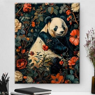 Imagem de Arte de parede botânica de panda vintage emoldurada - Decoração de parede com flores escuras Academia para sala de estar quarto casa 20 x 25 cm