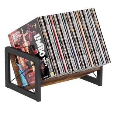 Imagem de YINMIT Suporte de disco de vinil, rack de armazenamento de discos de vinil de 80-100 LP, suporte de exibição de álbum de montagem rápida, organizador de estilo retrô para revistas, livros, arquivos