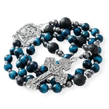 Imagem de Nazareth Store Rosário de olho de tigre azul para homens, colar de rosário católico com contas misteriosas de lava, colar de cruz de rosário forte em caixa de presente portátil, One Size, Pedra, Sem