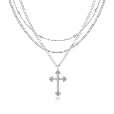 Imagem de Pancert Colar de cruz para mulheres, moderno, banhado a ouro 14K, colar de crucifixo em camadas banhado a prata para mulheres, clipe de papel, colar de espinha de peixe com contas planas, pingente de