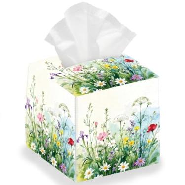 Imagem de DELORIGIN Porta-caixa de lenços de flores em aquarela de couro quadrado dobrável papel facial decorativo capa de caixa de papel organizador de recipiente para mesa, banheiro, penteadeira, bancada