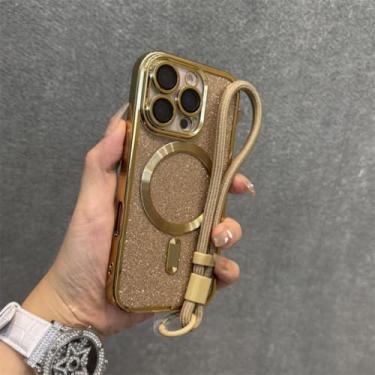 Imagem de HJZSZX Capa luxuosa galvanizada para iPhone 16 Pro, capa protetora macia com carregamento sem fio e corda de mão brilhante (para iPhone 16 Pro/ouro do deserto)