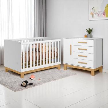 Imagem de Conjunto Infantil Encanto Slim Branco Acetinado Berço Encanto Slim Mini Cama + Cômoda Encanto Slim