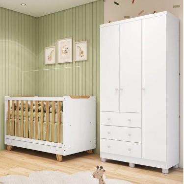 Imagem de Quarto de Bebê com Guarda-roupa 3 Portas e Berço 4 em 1 Minicama 100% Mdf Mike Espresso Móveis Branco Brilho/Amêndoa