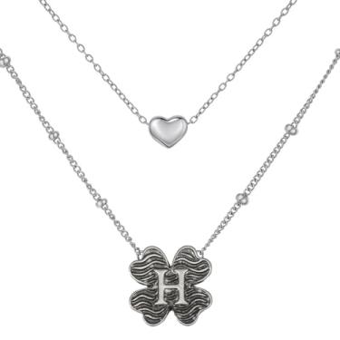 Imagem de MANZHEN Colar feminino com coração e trevo em camadas, inicial A-Z, design decorativo de elos de corrente, joias antigas, 18 Inches, Metal, Sem Pedra Preciosa