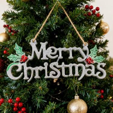 Imagem de Placa de Feliz Natal, Letreiros Decorativos Brilhantes com Frutas Azevinho 3D Letras de Natal para pendurar na árvore de Natal, prata