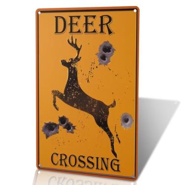 Imagem de Sinal de aviso vintage de cruzamento de veado, decoração de parede de metal laranja com furos de bala, tema de caça rústica, placa decorativa ao ar livre