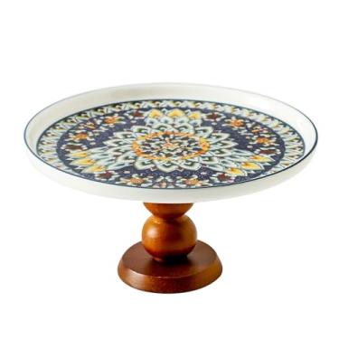 Imagem de Suporte de bolo de cerâmica com elegante pé curvado de madeira, suporte de sobremesa versátil de 20 cm, conjunto de exibição de mesa de sobremesa 2 em 1 e tábua de charcutaria para queijo/batatas