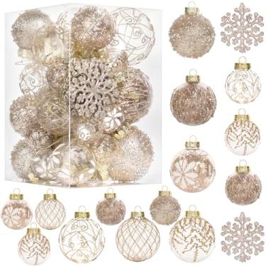 Imagem de Conjunto de 36 bolas de enfeite de Natal champanhe com floco de neve, enfeites de árvore de Natal à prova de estilhaçamento de plástico transparente, bola de glitter pendurada em árvore de Natal