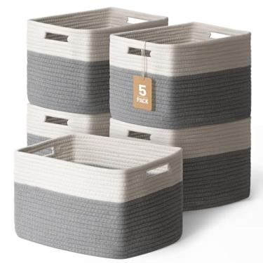 Imagem de Pacote com 5 cestos de armazenamento de tecidos para prateleiras, cestas decorativas de armário, caixas de armazenamento para roupas, livros, despensa, banheiro – cestas de prateleira de corda de