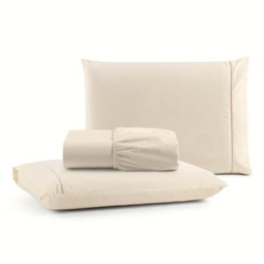 Imagem de Jogo de Lençol Casal 3 Peças Micropercal 400 Fios, Acabamento em Ponto Palito, Toque Acetinado de Hotel, Antiácaro, Não Amassa, Lençol com Elástico, Não faz bolinha, Extra Macio (Cor Palha)