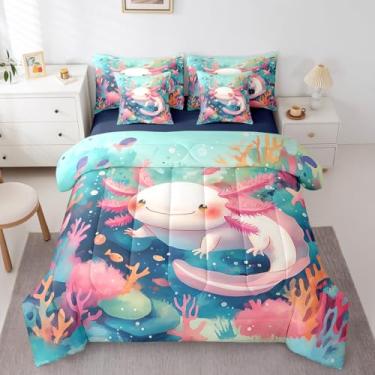 Imagem de Erosebridal Conjunto de edredom solteiro axolote para animais de estimação com lençóis, animais marinhos náuticos, 7 peças, planta botânica, réptil, cama em uma bolsa, oceano azul, salamandra