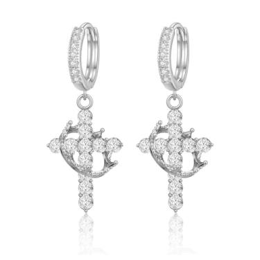 Imagem de ZHDHDQ Conjunto de brincos e colar de cruz de coroa para mulheres, colares e brincos de pingente de zircônia cúbica banhados a ouro 14 k delicado, moderno, impermeável, não mancha, joia de fé, colar