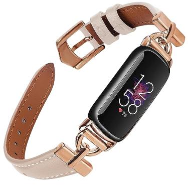 Imagem de Pulseiras de fivela de metal exclusivas em forma de D compatíveis com Fitbit Luxe para mulheres – Pulseira de couro de grão superior para monitor fitness de luxo/edição especial (ouro rosa/bege)