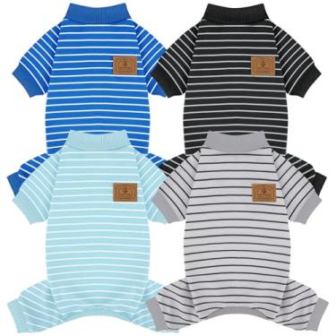 Imagem de XPUDAC Pacote com 4 pijamas listrados para cães pequenos, médios, meninas, meninos, roupa confortável para filhotes, macacão para cachorrinho, fantasia, azul, cinza, verde, GG