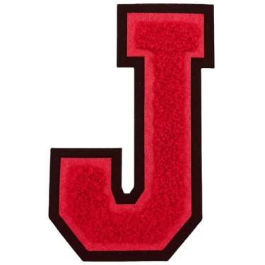 Imagem de 2 peças de adesivos de letras de chenille vermelho de 12,7 cm, adesivos do alfabeto bordados a ferro para roupas, jeans, jaquetas, mochilas, chapéus - letras universitárias com borda preta (letra J)