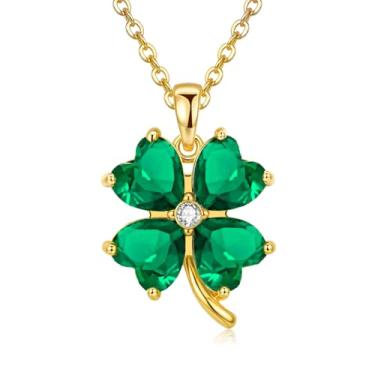Imagem de VONSSY Colar de trevo de quatro folhas, brincos de trevo irlandês ST Patricks conjunto de joias presente banhado a ouro 18 k verde esmeralda zircão diamante cristal pingente de santo da sorte para
