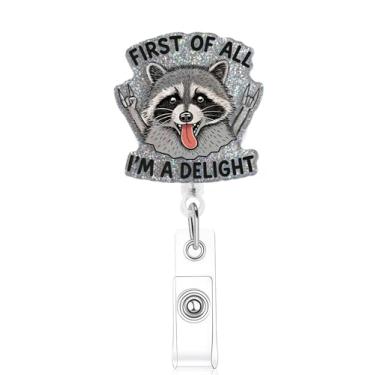 Imagem de Carretel de crachá de enfermeira guaxinim, First of All I'm a Delight, porta-crachá engraçado com clipe jacaré retrátil, presentes para estudantes de enfermagem RN LPN CNA MA trabalhador médico