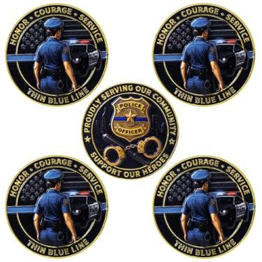 Imagem de Moeda de desafio de policial feminina fina linha azul 5 peças - Honra • Coragem • Medalhão de aplicação da lei de serviço - Token de tributo para serviço e apoio - Lembrança comemorativa da polícia