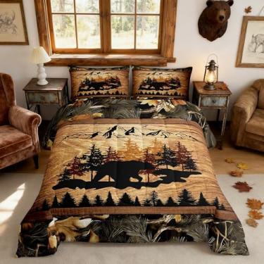 Imagem de Homewish Conjunto de edredom queen tamanho Queen, com silhueta de urso, pinheiros, montanha, para crianças, adolescentes e adultos, lençol acolchoado com 2 fronhas