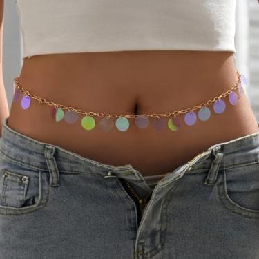 Imagem de Corrente de barriga de disco iridescente para mulheres – Corrente de cintura dourada ajustável, joia corporal boho festiva brilhante para praia, festa e verão