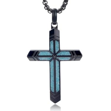 Imagem de GTMJ Colar de cruz para homens com ametista/ônix preto/versículo bíblico/turquesa/meteorito/lápis-lazúli colar com pingente de etiqueta de cachorro para homens e mulheres com corrente de caixa de aço