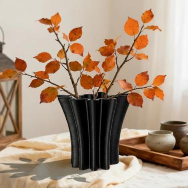 Imagem de Vaso de cerâmica preto contemporâneo, detalhe escultural abstrato irregular para decoração de casa, peça central artística moderna para mesa de centro ou estante de livros