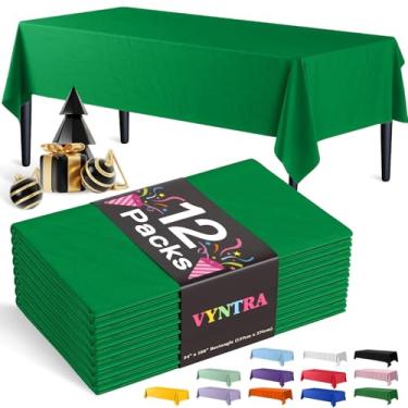 Imagem de Vyntra Toalhas de mesa de plástico descartáveis verdes 137 x 262 cm, pacote com 12 – capas de mesa de festa para aniversário, casamento, formatura e chá de bebê – impermeável, à prova de derramamento