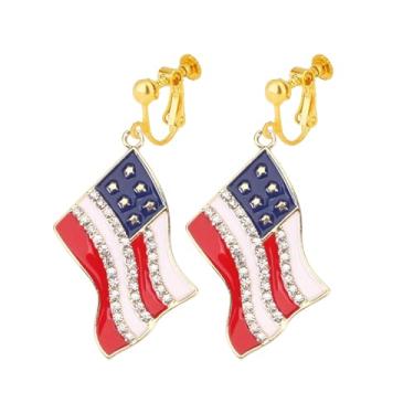 Imagem de Brincos patrióticos de 4 de julho, brincos com clipe de bandeira americana, brincos pendentes do Dia da Independência, não perfurados, joias modernas para mulheres, vermelho, branco, azul, Zinco, Sem