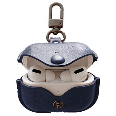 Imagem de Capa de couro genuíno compatível com AirPods Pro 3ª geração (2025), capa protetora VOMA para Apple AirPods Pro 3, capa de carregamento sem fio com chaveiro e fecho de pressão, azul marinho