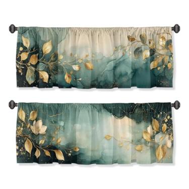 Imagem de AWJJPO Saia de cortina floral de mármore para janelas, pacote com 2 unidades, flor dourada, verde, bolso para varão, estampada, sanefas, cortinas de camada curta para cozinha, sala de estar, banheiro