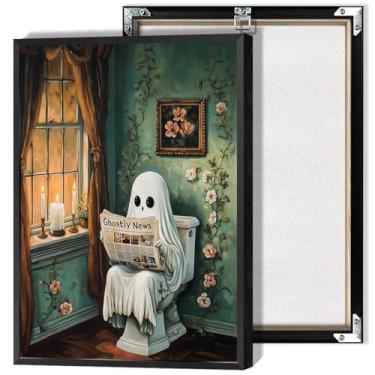 Imagem de Halloween Banheiro Fantasma Lendo Jornal Arte de Parede Fantasma em Tela de Banheiro Cartazes Caprichoso Gótico Escuro Academia Impressões de Terror Pintura para Sala de Estar Quarto Decoração de