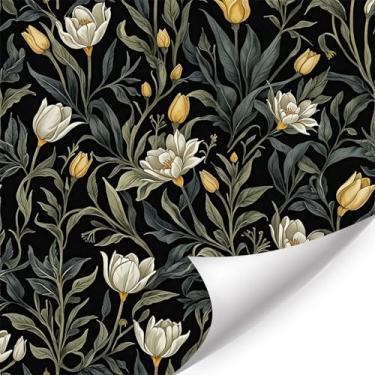 Imagem de LHIUEM Papel de parede floral preto verde, papel de parede autoadesivo de magnólia, papéis de parede de flores botânicas vintage, papel de contato rosa branca para quarto, sala de estar, berçário