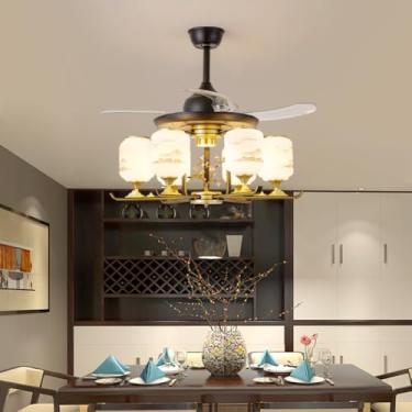 Imagem de Ventilador de teto moderno e discreto com LED, luxuoso para sala de estar, restaurante, quarto, escritório, casa de campo ou hotel, com controle remoto (E 6 lâmpadas, 1 unidade)