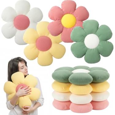 Imagem de Coume 4 peças de almofada de flor macia em forma de margarida almofada de chão 15,7 polegadas linda almofada decorativa de pelúcia para decoração de cama, sofá, cadeira de quarto (8 pétalas, 4 cores)