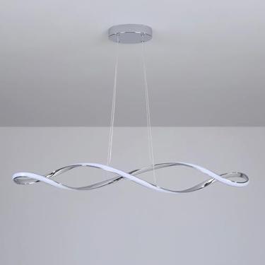 Imagem de Luminária pendente espiral de LED para cozinha, modelo linear, com controle remoto, temperatura de cor de 3000-6500K, brilho regulável e altura ajustável até 100cm. Lustre para sala de janta
