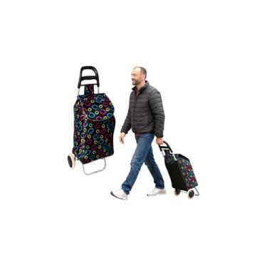Imagem de Carrinho de Feira Estampado com Estrutura Metálica, 96cm Altura, 94L Capacidade, Bolsa Impermeável em Cetim, Rodas Robustas, para Compras e Supermercado