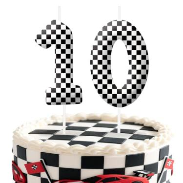 Imagem de Velas de aniversário número 10 de carros de corrida, preto e branco, topo de bolo com tema de bandeira quadriculada para meninos e meninas, decorações de bolo para aniversários, suprimentos de festa