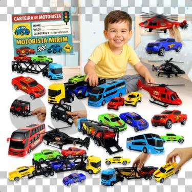 Imagem de Kit 8 Veículos Mini Motoristas com Caminhão Cegonha, Ônibus e Helicóptero – Brinquedo Educativo para Estimular a Imaginação Infantil