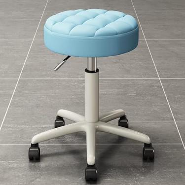 Imagem de BSNANCA Banqueta giratória de couro PU com encosto para barbearia e cozinha, banqueta de baixa altura para salão de beleza e manicure (azul)